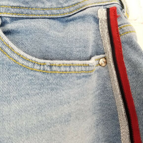 Zara Denim Jean Mini Skirt Medium Pockets Red Silver Stripes Raw Hem Z1975 - Picture 5 of 11